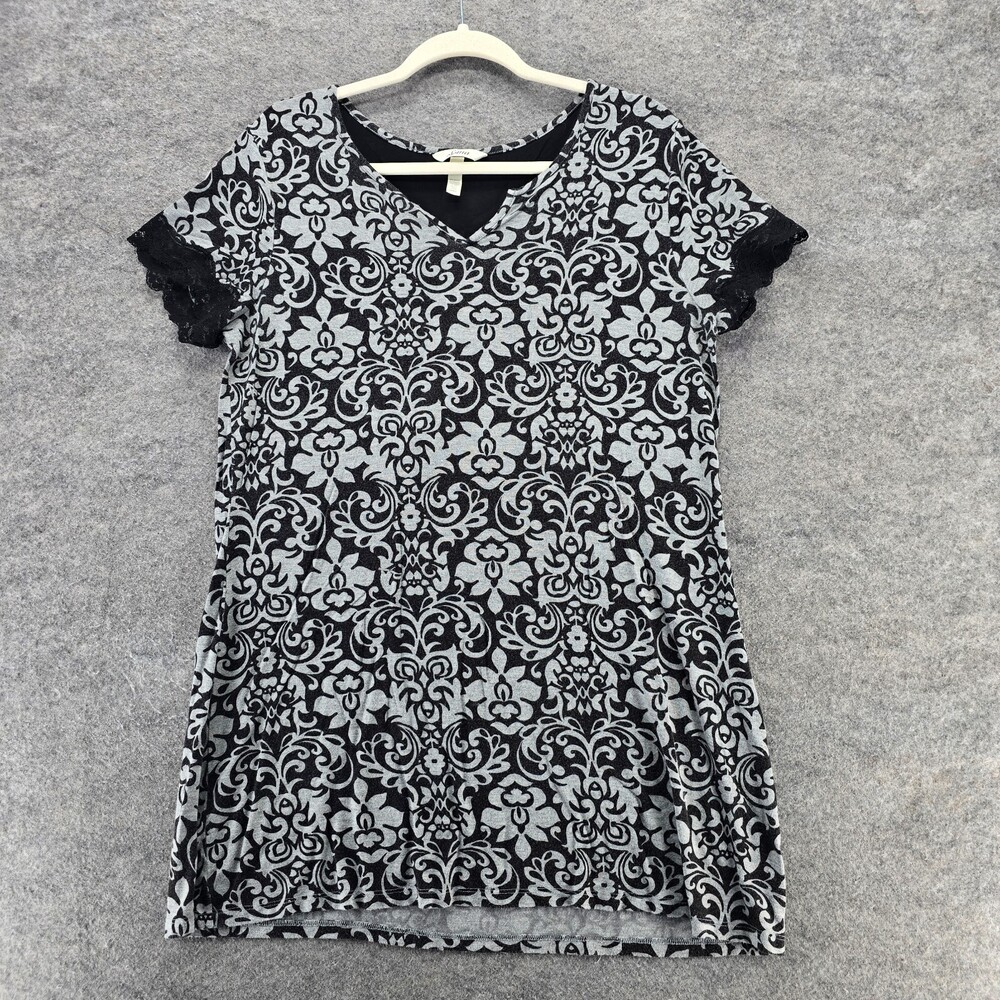 SOMA Dress Womens Large Short Sleeve Gray Black Floral V Neck
